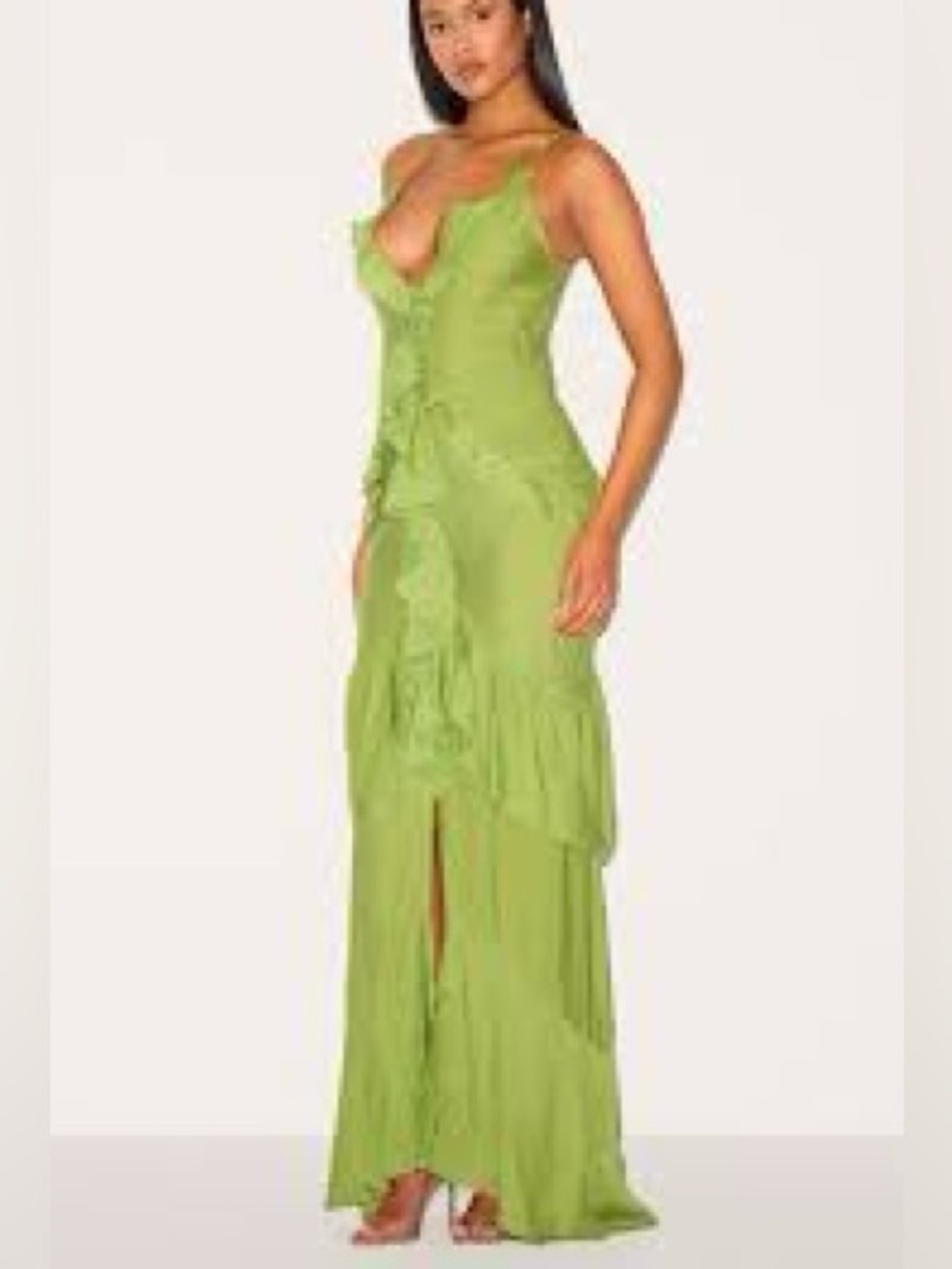 PrettyLittleThing Women's Tall Textured Frill Maxi Dress in Olive Green. NWT - Picture 2 of 7